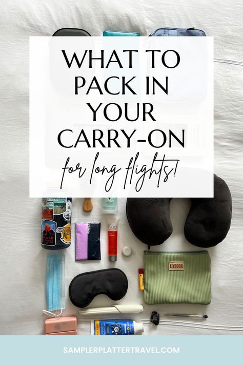 5 Must-Haves for a Long Flight (Carry-On Essentials) https://www.theworldaccordingtome.org/travel-tips-and-advice/?5-must-haves-for-a-long-flight-carry-on-essentials #2_Week_Packing_List #Week_Packing_List #Trip_Essentials_Packing_Lists #Holiday_Packing_Lists Carryon Essentials Long Flights, Personal Bag Airplane List, Plane Kit Travel, What To Bring On International Flight, Carry On Long Flight, Airline Packing Tips, Carry On International Flight, Long Flight Checklist, What To Pack When Traveling Abroad