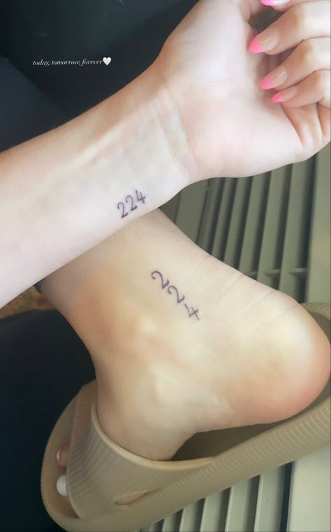 today, tomorrow, forever, tattoos w the twin sis, love u forever🤍 Twin Name Tattoo Ideas, 224 Tattoo Ideas Women, Fraternal Twin Tattoos, Forever 22 Tattoo, Same Birthday Tattoo, Twin Tattoos Ideas, Small Cute Matching Tattoos Best Friends, 4better 4worse 4life Tattoo, Small Tattoos For Besties