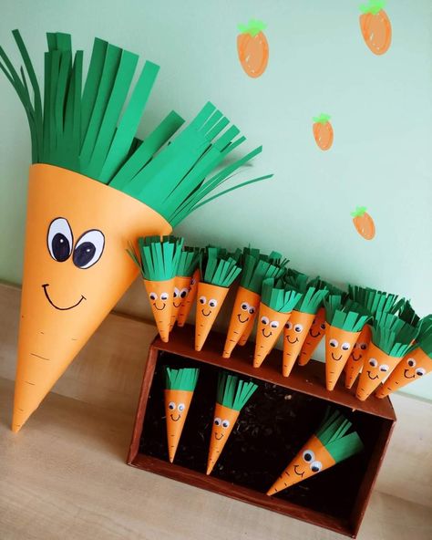 Paper Veggies Craft, Planting Activities For Kids, Carrot Craft, Vegetable Crafts, Fruit Crafts, Preschool Fine Motor Activities, Easter Decorations Ideas, Seni Dan Kraf, Preschool Art Activities