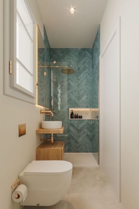 #GoTinySpace #SmallBathroom #SmallBathroomIdeas Small Bathroom Interior, Narrow Bathroom, Bathroom Redesign, Bathroom Design Decor, Downstairs Bathroom, Small Bathroom Storage, Bathroom Inspiration Decor, Tiny Bathroom, Bathroom Layout