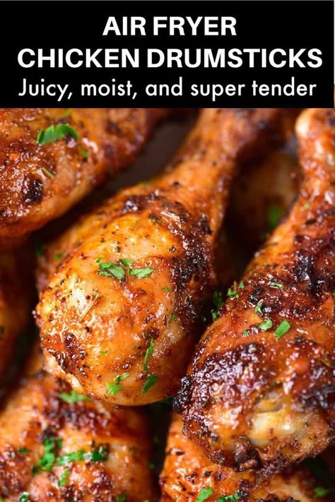 These air fryer chicken drumsticks works with chicken legs too, and take less than 14 minutes to cook! A secret ingredient guarantees the chicken is crispy on the outside and extra juicy every single time. Easy Air Fryer Fried Chicken Drumsticks, Chicken Drumlets Air Fryer, Air Fryer Chicken Drummies, Best Chicken Legs In Air Fryer, Air Fryer Recipes Drumsticks, Air Fry Drumsticks Recipe, How To Cook Drumsticks In The Air Fryer, Air Frier Recipes Chicken Drumsticks, Drumstick In Airfryer