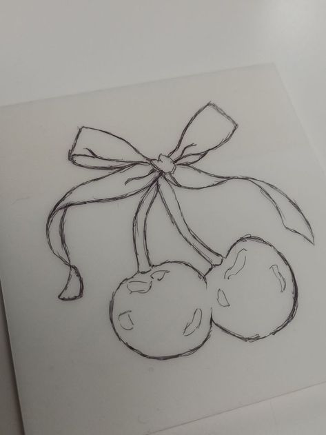 Drawing Idea Step By Step, Bow Cute Drawing, Heart Cherry Drawing, Cherries With Bow, Cherries Drawing Simple, Easy Aesthetic Drawings For Beginners, Cute Drawings Coquette, Cute Doodles To Draw When Bored, Drawing Inspo Cute