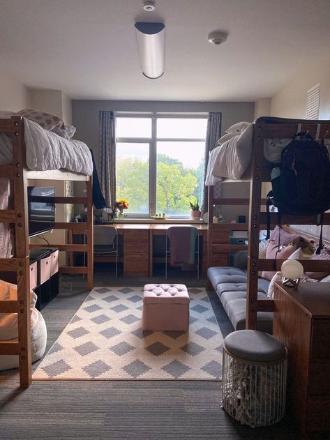 lofted bed w/ futon & TV area College Dorm Room Ideas With Lofted Beds, College Dorm Room Ideas 2 Beds, Dorm Room Futon Under Bed, Dorm Room Designs Loft Bed, College Dorm Setup Layout, Dorm Room Ideas For Lofted Beds, Dorm Lofted Bed Layout, Under Bunk Bed Ideas Dorm Room, Dorm Room With Couch Under Bed