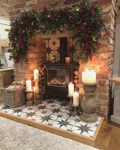 Living Room Logburner, Christmas Inglenook Fireplace, Christmas Log Burner Fireplace, Log Burner Christmas Decorations, Tv On Wall Next To Fireplace, Decorative Logs In Fireplace, Cozy Cottage Style Living Room, Fireplace Logs Decorative, Brick Hearth Ideas