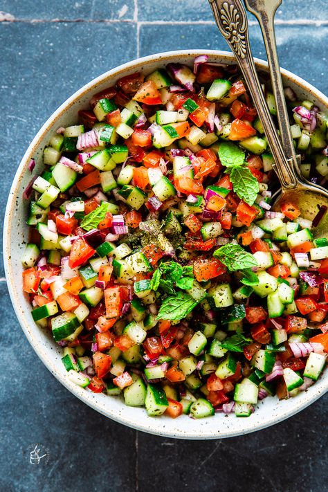 Shirazi Salad | J Cooking Odyssey Indian Mint Sauce, Persian Salad, Shirazi Salad, Watermelon Mojito, Popular Side Dishes, Mint Sauce, Persian Cucumber, Homemade Dressing, English Cucumber