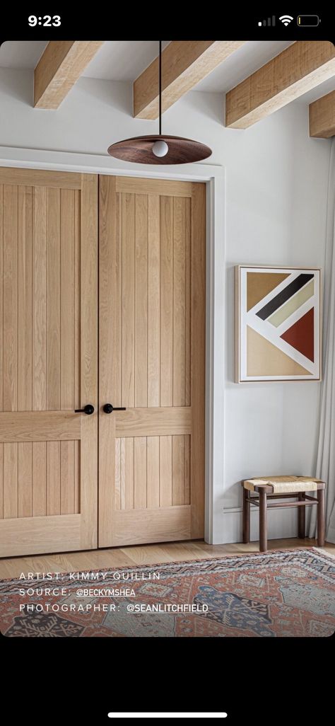 Boho Interior Doors, Stained Interior Door, White Oak Doors With White Trim, Pine Entry Door, White Oak Trim Interior, Oversized Interior Doors, Natural Wood Closet Doors, Organic Modern Interior Doors, Plank Doors Interior