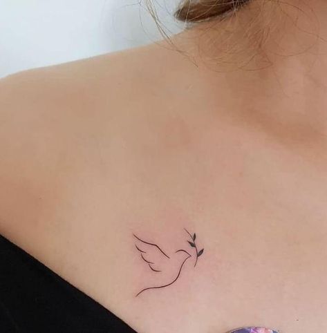 Dove Wrist Tattoos For Women, Fine Line Tattoo Chest Women, Dove Ankle Tattoo, Angel Tattoo With Initials, Dove Tattoo Collar Bone, Dove Ear Tattoo, Dove Tattoo Ideas For Women, Tiny Dove Tattoos For Women, Dove Line Art Tattoo