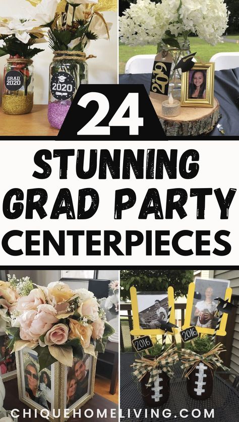 Explore these 24 most creative graduation party centerpiece ideas, where ingenuity meets celebration in every arrangement. From personalized touches to DIY masterpieces, each idea promises to add flair and festivity to your event. Graduation Floral Arrangements, Graduation Party Centerpiece Ideas, Graduation Flower Centerpieces, Grad Centerpieces, Floral Grad Party, Graduation Party Table Centerpieces, Graduation Party Table Decorations, Vintage Graduation Party, Party Centerpiece Ideas