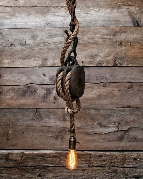 Pulley Pendant Light, Pulley Lamps, Pulley Light, Rustic Ceiling Lights, Deco Marine, Wood Light Fixture, Rustic Ceiling, Wooden Barn, Rustic Pendant Lighting