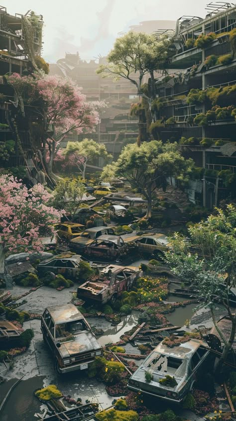 Abandoned Cities Art, Future Post Apocalyptic, Overgrown Cities Aesthetic, Overgrown Japanese City, Abandoned Cities Aesthetic, Nature Taking Over City, Abandoned Overgrown City, Overgrown Dystopia, City Overtaken By Nature