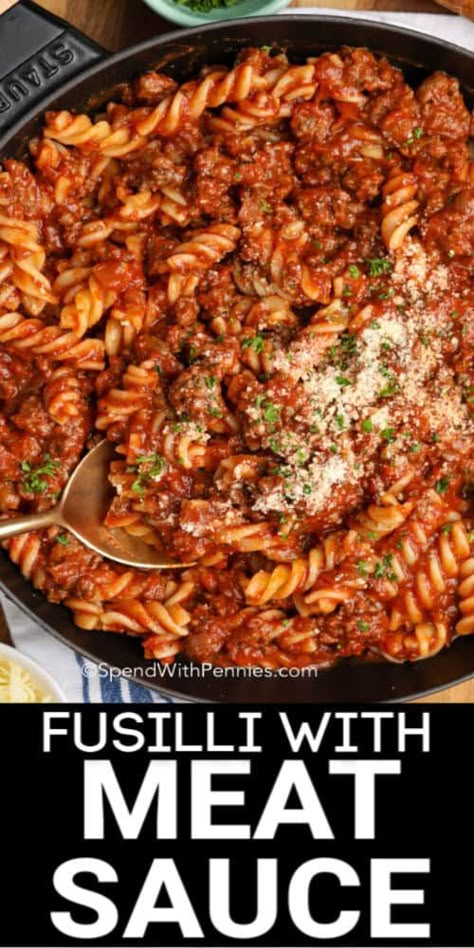 This Fusilli with Meat Sauce recipe is a one-pot pasta dish that is ready in under 30 minutes! Quick, easy & delicious, this recipe is a family favorite! #spendwithpennies #fusilli #meatsauce #pasta #maindish #pastawithmeatsauce #easypastarecipe #fusilliwithmeatsauce #homemade Meaty Pasta Recipes, Red Sauce Meals, Beef Pasta Sauce Recipes, Pasta And Meat Sauce, Pasta With Meat Sauce Recipes, Pasta Meat Sauce Recipes, Pasta And Meat Sauce Recipe, Meat Sauce Pasta Recipes, Fusilli Pasta Recipes Ground Beef