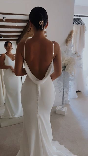 Savin Wedding Dress, Minimalist Wedding Dresses Backless, Wedding Dresses Simple Spaghetti Straps, Solid White Fitted Wedding Dress, Droop Back Wedding Dress, Simple Wedding Dress Satin Silk, Slim Sleek Wedding Dress, Simple Elegant Silk Wedding Dress, Satin Scoop Back Wedding Dress