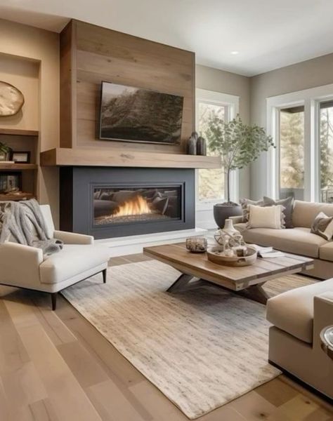 8 Ft Fireplace, Extra Wide Fireplace, Fire Places Ideas Living Room With Tv, Modern Farmhouse Fireplace With Tv, Family Room With Fireplace And Tv, Fire Places Ideas Living Room Modern, Flat Wall Fireplace Ideas, Small Tv Room Design, High Ceiling Fireplace Wall