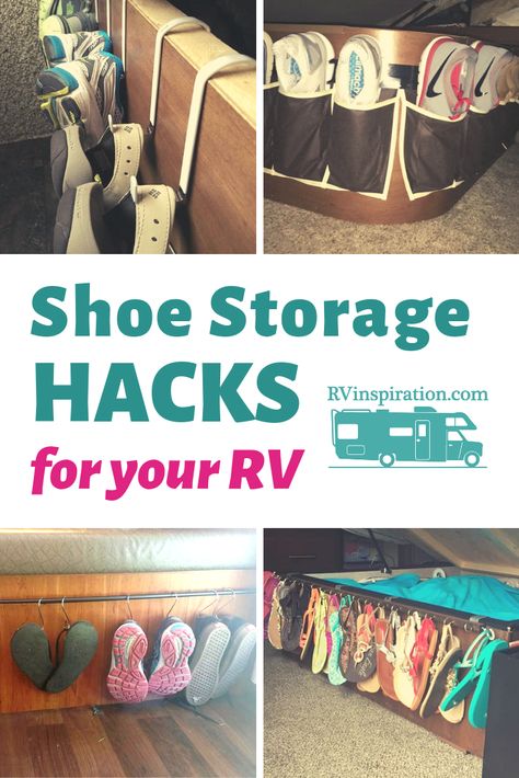 Ideas for storing and organizing shoes in your RV, camper, or motorhome | RVinspiration.com #rvorganization #rvcamping #rvstorage #rvlifehacks #rvhacksrvorganization Rv Living Organization, Shoe Storage Hacks, Shoe Storage Small Space, Shoe Organization, Wand Organizer, Camper Organization, Camper Hacks, Rv Organization, Beach Hacks Clever Ideas