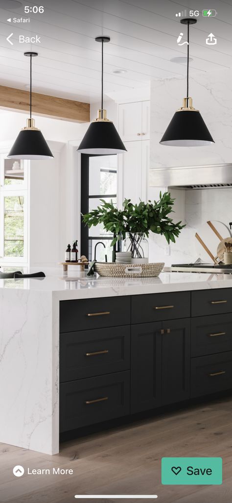 Black And White Cabinets, White Wood Kitchens, Lights Over Kitchen Island, Modern Black Kitchen, Black Kitchen Island, Transitional Decor Kitchen, Black Kitchen Cabinets, New House - Kitchen, White Modern Kitchen