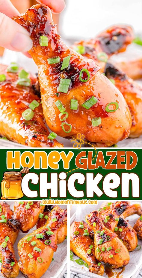 This quick and easy Honey Glazed Chicken is the perfect balance of sweet and savory! Juicy, tender chicken coated with a rich, sticky honey glaze creates a mouthwatering flavor that will leave you wanting more. Perfect for a weeknight dinner or even a special occasion. | MomOnTimeout.com Honey Glazed Chicken And Potatoes, Chicken Wing Dishes For Dinner, Honey Glazed Chicken Recipes, Gf Lunch, Honey Baked Chicken, Chicken Wing Recipes Fried, Slow Cooker Appetizers, Honey Glazed Chicken, Honey Bbq Chicken