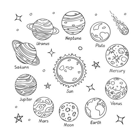 Tata Surya Art, Solar System Sketch, Planets Drawing, Drawing Thoughts, Planet Sketch, Outer Space Drawing, Planet Illustration, Astrology Journal, Planet Coloring Pages