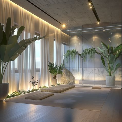 Image Yoga Salon Design, Yoga Center Design Interior, Yoga Room In House, Wellness Room Design, Holistic Interior Design, Yoga Room Ideas Zen Space, Yoga Studio Design Interiors, Yoga Interior Design, Pilates Studio Design Interiors