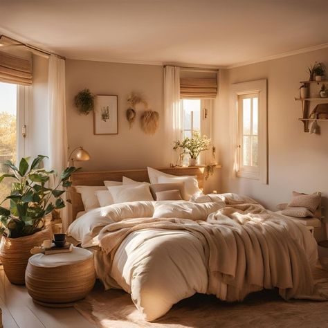 Brown Aesthetic Bedroom Ideas Cozy, Creme Bedroom Aesthetic, Sand Colored Bedroom, Cream Color Room Ideas Bedrooms, Beige Bed Bedroom Ideas, Cozy Cream Bedroom, Beige And Wood Bedroom, Beige Color Room, Beige Walls Bedroom Colour Palettes