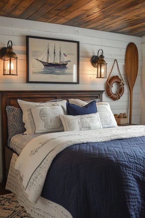 29 Coastal Farmhouse Decor Ideas for a Relaxed Vibe 3 Navy Nautical Bedroom, Navy Cottage Bedroom, Nautical Theme House, Room Ideas Aesthetic Coastal, Lake House Bedroom Ideas Guest Rooms, Masculine Coastal Decor, Lake Themed Bedroom, Lake House Vibes, Nautical Room Ideas