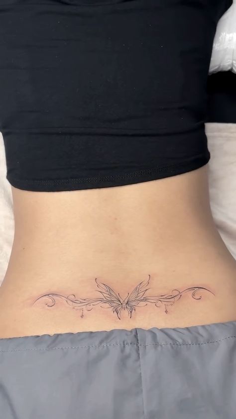 Small Tramp Stamps For Women, Fairy Lower Back Tattoo, Lower Back Tattoos Butterfly, Lower Back Butterfly Tattoos For Women, Butterfly Tramp Tattoo, Feminine Tramp Stamps, Pretty Lower Back Tattoos, Tramp Stamps Ideas, Cute Tramp Stamps Lower Backs