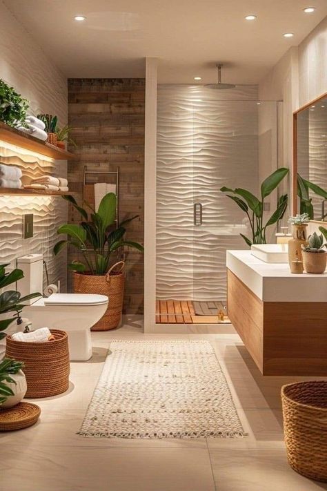 Two Basins Bathroom, Apartment Nature Aesthetic, Bathroom Relaxing Decor, Bamboo Room Design, Natural Bathroom Aesthetic, Calming Apartment Decor, Minimalistic Bathroom Ideas, Natural Stone Bathrooms, Afrohemian Decor Bathroom