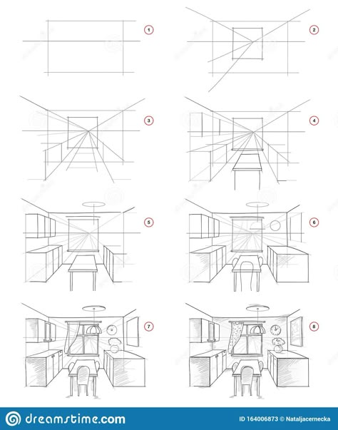 Perspective Tutorial Step By Step, Sketch Room, Room Perspective Drawing, Perspective Reference, Step By Step Sketches, Interior Design Sketchbook, Sketch Images, Drawing Furniture, Perspective Sketch