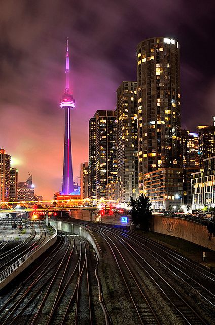 CN tower, Toronto Canada Black And White City, City Scapes, City At Night, City Scape, O Canada, White City, Oh Canada, City Photography, Train Tracks