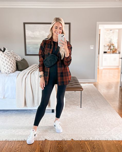 Black Leggings Flannel Outfit, Winter Flannel Outfits Leggings, Flannel Leggings Outfit Fall, Bootcut Leggings Outfit Winter, Black Leggings With Flannel Shirt, Long Shirt And Leggings Outfit, Fall Outfit Black Leggings, Pumpkin Patch Outfit Leggings, Flannel Tunic Outfit