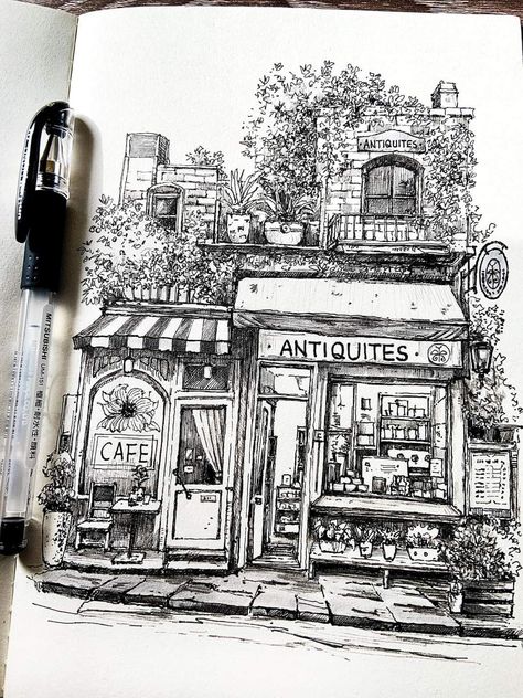 Shop Architecture, Pen Art Work, Pen Art Drawings, Seni Dan Kraf, Architecture Drawing Art, Hur Man Målar, Sketchbook Art Journal, Art Diary, Arte Sketchbook