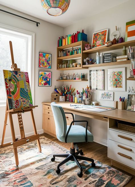 Home Work Room Ideas, Artist's Room Decor, Art Easel Living Room, Home Office And Art Room, Small Office Studio Ideas, Art Desk In Bedroom, Artist Apartment Decor, Artists Room Ideas, Creative Art Room Ideas