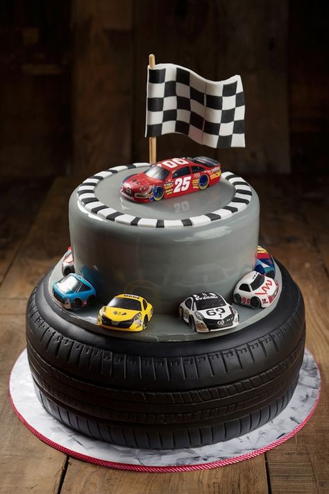 Checkered Flag Delight: A Cake for NASCAR Fans Nascar Cake Ideas, Nascar Birthday Party Ideas, Race Car Birthday Party Ideas Cake, Car Theme Cake For Men, Racetrack Cake, Nascar Cake, Nascar Birthday, Car Cakes For Men, Mojito Cupcakes