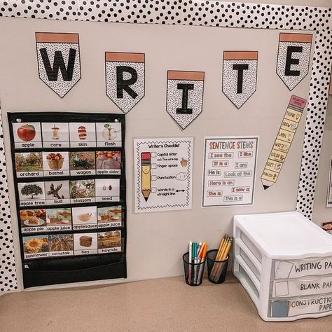 Reading Center In Classroom, Classroom Stations Setup, Writing Center Set Up Kindergarten, Centers Classroom Setup, Kindergarten Classroom Setup Centers, Preschool Writing Center Set Up Ideas, Writing Station First Grade, Kindergarten Center Ideas Work Stations, Writing Center For Preschool