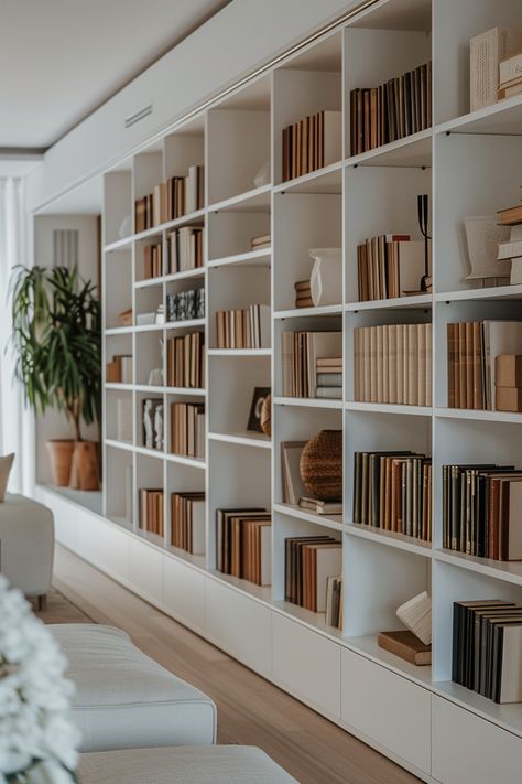 Modern Office Library Design, Living Room White Shelves, Minimalist Library Room, Minimalist Home Library, Built In Open Shelving, Library Shelves Design, Modern Built In Bookshelves, Home Library Modern, Library Ideas For Home