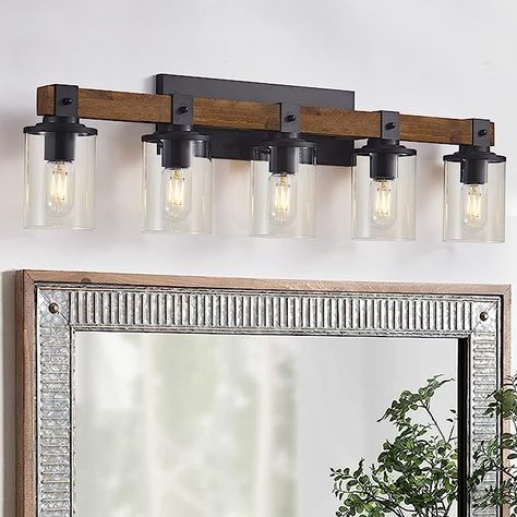 Farmhouse Vanity Lights, 5-Light Wood Bathroom Wall Lighting with Clear Glass, Industrial Metal Wall Sconce for Bedroom, Kitchen, Hallway (Antique Wood, 5-Light) #affiliate Rustic Bathroom Vanity Lights, Farmhouse Vanity Lights Bathroom, Rustic Bathroom Lights, Rustic Bathroom Light Fixtures, Rustic Vanity Lights, Chalet Ideas, Farmhouse Bathroom Light, Industrial Bathroom Lighting, Rustic Bathroom Lighting