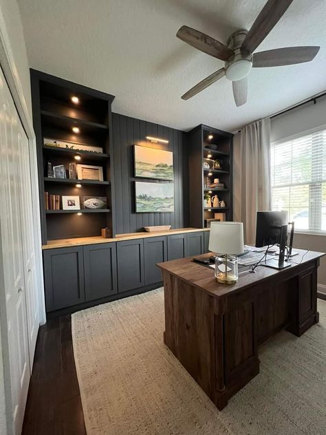 Modern Home Office Built Ins, Black Office Built Ins With Desk, Office Built Ins Behind Desk, Built In For Office, Hunting Office Ideas, Man Office Decor At Work, Built In Bookshelf Office, Home Office Wood Paneling, Dark Moody Home Office