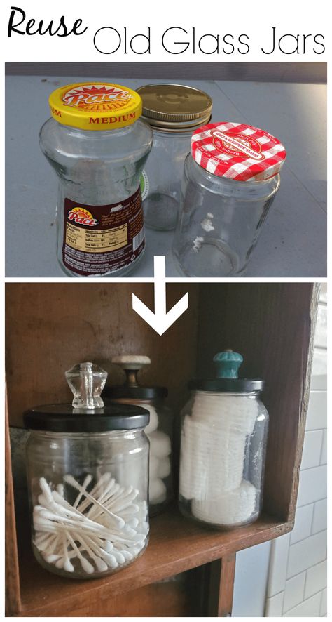 Reuse Old Glass Jars for Bathroom Organization - Refresh Living Bathroom Jars Ideas, Reuse Glass Jars, Glass Jars Diy, Bathroom Jars, Crafts With Glass Jars, Koti Diy, Jars Diy, Diy Jar, Diy Bathroom Storage