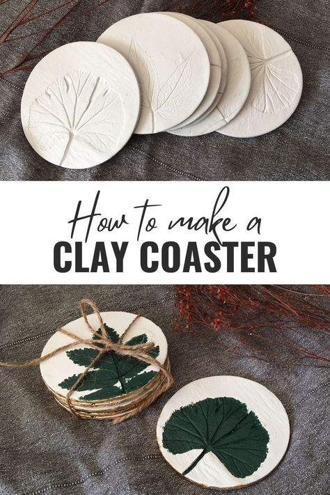 How to Make Botanical-Inspired Air-Dry Clay Coasters Air Dry Clay Flower Press, Plant Imprint Clay, Air Dry Clay Botanical, Plant Impressions In Clay, Air Dry Clay Projects Mothers Day, Salt Dough Coasters Diy, Clay Coasters Air Dry, Airdryclay Ideas Coaster, Air Dry Clay Faces