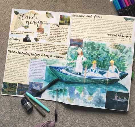 Gcse art research and analysis, claude monet, watercolour copy Igcse Boards Art, Artist Research Page Natural Forms, Watercolour Gcse Sketchbook, Gcse Artist Analysis Page, Claude Monet Artist Study, Art Gcse Analysis, Art Analysis Gcse, Gcse Textiles Artist Research Page, Claude Monet Sketch