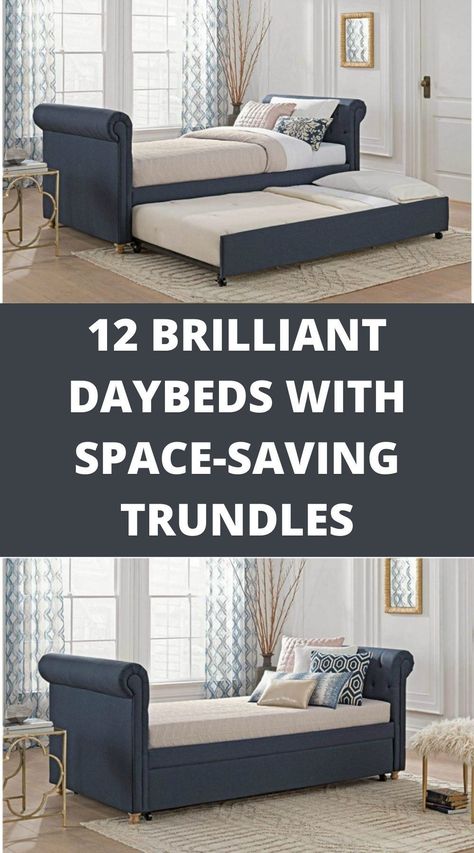 Navy Blue Trundle Bed, Couch With Trundle Bed, Guest Room Trundle Bed Ideas, Small Home Office Furniture, Blue Daybed, Small Scale Furniture, White Daybed, Trundle Beds, Twin Daybed With Trundle