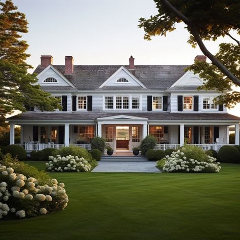 Wind The Key | A light gray cape cod beach house with a welcoming porch and bay views for days! Design: @windthekey Click the link in our bio to visit… | Instagram House With A Porch, Cape Cod Beach House, Cape Cod Beach, Colonial House Exteriors, Lemon Theme, Black Shutters, Dream Life House, Cape Cod House, Casas Coloniales