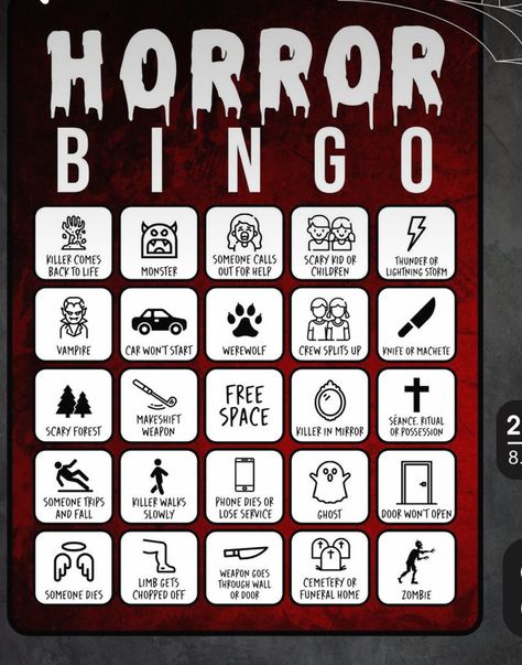 Horror Movie Games, Horror Movie Bingo, Horror Game Ideas, Bingo Movie, Movie Bingo, Friday The 13th Games, Gothic Birthday, Movie Games, Scary Movie Night