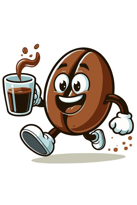 The graphic depicts an energetic coffee bean in motion with a coffee cup. The dynamic composition vividly captures the pleasure of coffee consumption and the dynamism of coffee drinking as the bean and the cup rush together through the frame. #coffee #funny Coffee Designs Art, Coffee Bean Art, Coffee Poster Design, Coffee Designs, Coffee Tattoos, Coffee Drawing, Coffee Funny, Coffee Wallpaper, Dynamic Composition