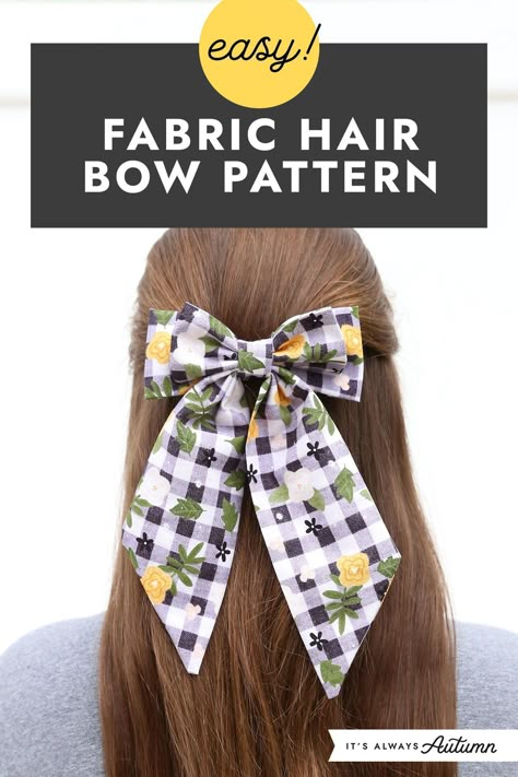 Easy fabric hair bow pattern! Learn how to make beautiful fabric hair bows using less than a quarter yard of fabric. This is an easy sewing project that will take about thirty minutes. Scrunchie Bow Pattern, Fabric Crafts For Beginners, Hairbow Pattern Printable, Cotton Fabric Bows Diy, How To Make Fabric Bows Easy Diy, Scrap Fabric Bows, Sew Fabric Bows, Fabric Bows Pattern, Sewing Projects Hair Accessories