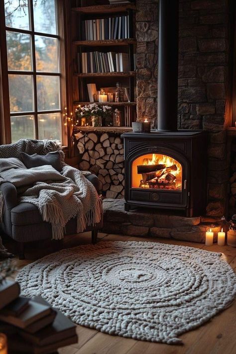 Light And Cosy Living Room, Cozy Cottage Home Aesthetic, Autumn Aesthetic Cozy Home, Fireplace Aesthetic Cozy, Fireplace Armchair, Corner Fireplace Decorating Ideas, Reading Fireplace, Cozy Fireplace Aesthetic, Cozy Blanket Aesthetic