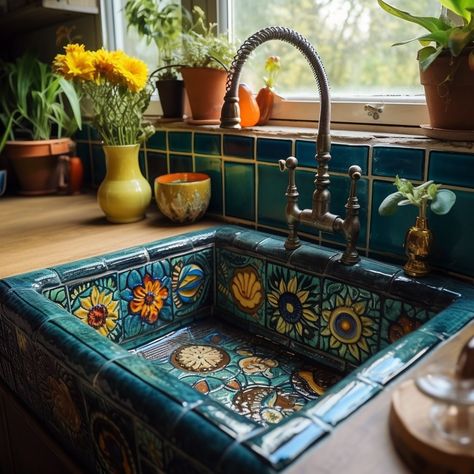 Maximalism House Decor, Cottage Vibe House, House Decor Maximalism, Artistic Home Interior, Whimsical Home Aesthetic, Eclectic House Decor, Spanish Home Decor Mexican Style, Mexican Style Bathroom Ideas, Polish Interior Design