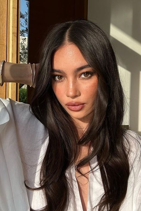 Voluminous Brunette Hair, Dark Hair Dark Eyes Pale Skin, Dark Natural Brown Hair Color, Ivory Skin Hair Color, Long Dark Hair Inspiration, Kelsey Merritt Hair, Dark Brown Glossy Hair, Asian Chocolate Brown Hair, Kelsey Merritt Makeup