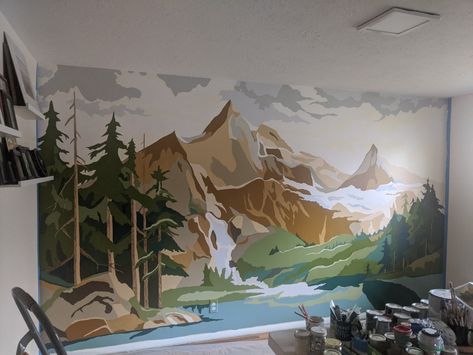 Paint By Number Mountains, Mural Wall Art Forest, Mountain Bedroom Mural, Paint By Numbers Wall Mural, Paint By Numbers Mural, Fantasy Wall Murals Painted, Easy Wall Murals Mountain, Man Cave Mural, Mountain Mural Painting