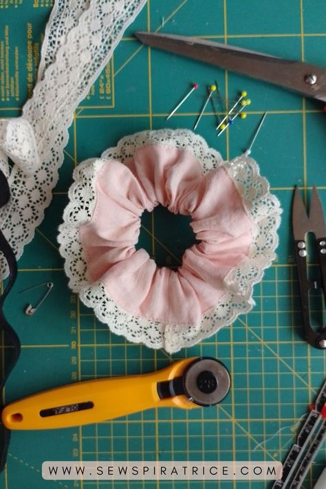 Looking for a tutorial on how to sew a scrunchie? Check out this easy guide on how to sew a scrunchie with lace trim. This DIY scrunchie tutorial walks you through the steps to sew a lace trim scrunchie using the burrito method for a neat finish. It's perfect for those into the trendy coquette aesthetic. Click for more and get started with this free sewing tutorial for scrunchies. Sew A Scrunchie, Circumference Of A Circle, Scrunchie Tutorial, Diy Hair Accessories Tutorial, Diy Circle Skirt, Diy Scrunchie, Sewing Aesthetic, Hair Accessories Tutorial, Beginners Sewing