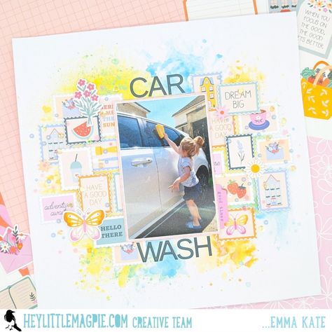 Car Wash | Pinkfresh Studio The Simple Things | Emma Kate - Hey Little Magpie Scrapbook Pages Layouts, Emma Kate, Pinkfresh Studio, How To Make Scrapbook, Scrapbook Collection, Grand Kids, Simple Things, Magpie, Rock Climbing